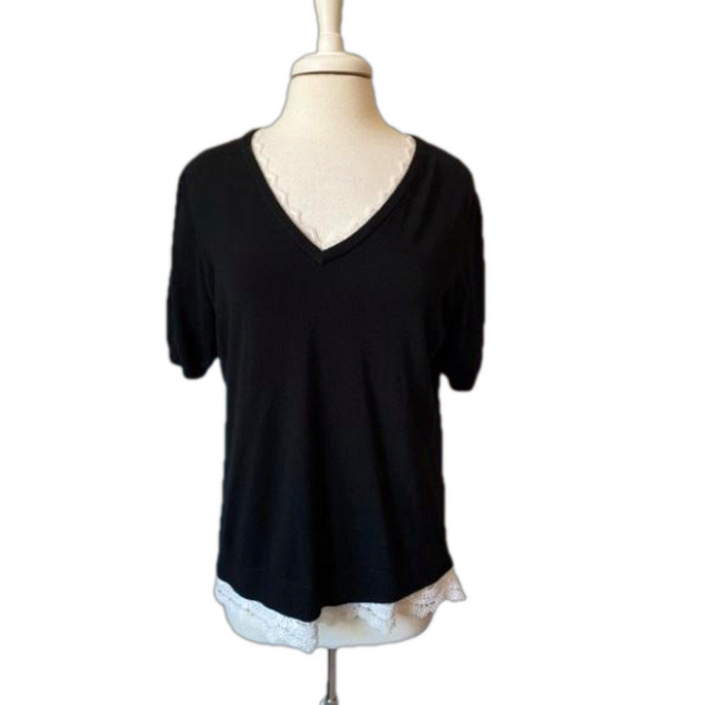 Adrianna Papell Women's L Classic Short Sleeve Lace Knit Sweater Whimsigoth Soft